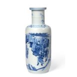 A Chinese Porcelain Rouleau Vase, Kangxi, painted in underglaze blue with a dignitary and attendants