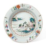 A Chinese Porcelain Basin, Qianlong, painted in famille rose enamels with a river landscape within a