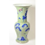 A Chinese Porcelain Celadon Ground YenYen Vase, 19th century, painted in underglaze blue and red