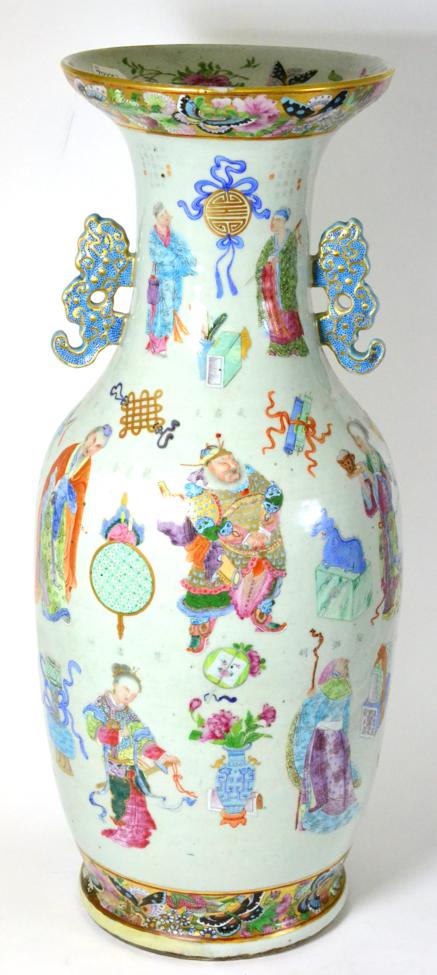 A Chinese Porcelain Baluster Vase, 19th century, the trumpet neck applied with mythical beast