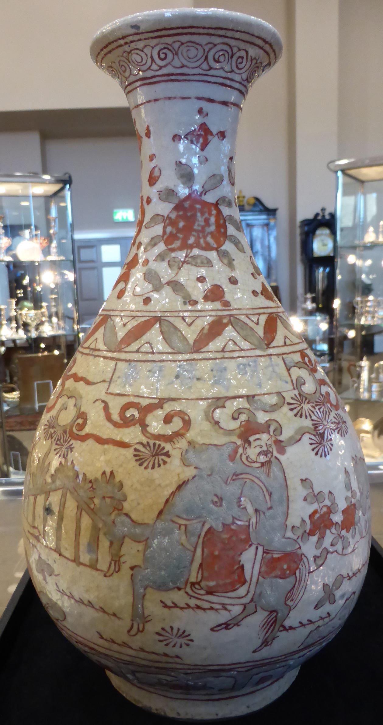 A Chinese Provincial Porcelain Bottle Vase, painted in blue and red enamels with a procession within - Image 5 of 11