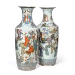 A Pair of Chinese Porcelain Large Baluster Vases, 19th century, the trumpet necks painted in famille