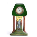 Frederick Rhead for Foley Pottery: An Intarsio Mantel Clock, circa 1897-1900, titled WAKE UP AND GET