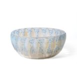 A René Lalique Perruches Clear, Frosted and Opalescent Glass Bowl, with blue staining, moulded