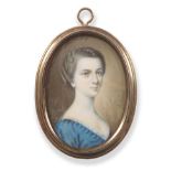 John Smart (1741-1811): Portrait Miniature of a Young Lady, her hair up, wearing a lace trimmed blue