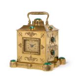 An Unusual Brass Engraved Malachite Cabochon Set Striking Carriage Clock, circa 1850, the Gothic