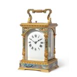A Brass Champleve Enamel Striking and Repeating Carriage Clock, circa 1910, carrying handle,