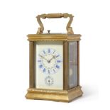 A Brass Striking and Repeating Alarm Carriage Clock, circa 1900, carrying handle, repeat button,