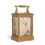 A Brass Porcelain Mounted Striking and Repeating Carriage Clock, signed Ollivant & Botsford,