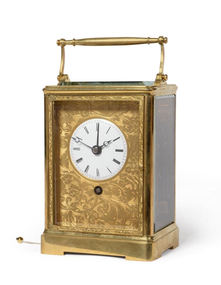 An Early Unusual Brass Striking Alarm Carriage clock with a Pull Cord Repeat, circa 1840, carrying