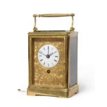 An Early Unusual Brass Striking Alarm Carriage clock with a Pull Cord Repeat, circa 1840, carrying