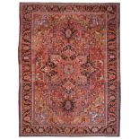 Heriz Carpet Persian Azerbaijan The madder field of angular vines centred by a typical indigo