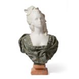 A French Marble Bust, in 18th century style, as a lady with her hair tied wearing a green dress,