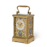 A Miniature Brass Champleve Enamel Carriage Timepiece, circa 1890, carrying handle, four sided