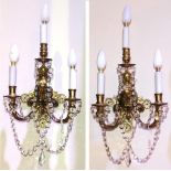 A Pair of French Gilt Metal Three-Branch Wall Lights, late 19th century, the central branch with