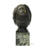 20th Century School: A Bronze Study of a Seated Owl, on a green marble base, indistinctly signed,