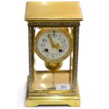 A Brass and Champleve Enamel Four Glass Striking Mantel Clock, circa 1900, four bevelled glass