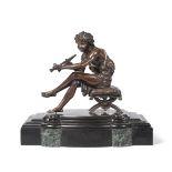 French School (late 19th century): A Bronze Figure of a Faun, sitting on a stool wearing an animal