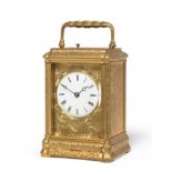 A Brass Engraved Striking and Repeating Carriage Clock, circa 1880, elaborately scroll engraved