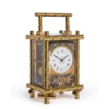 A Brass Striking and Repeating Carriage Clock, circa 1890, the case imitating bamboo branches with a