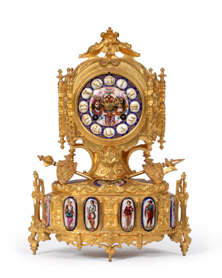 A Gilt Metal and Porcelain Mounted Striking Mantel Clock, circa 1870, the Gothic style case