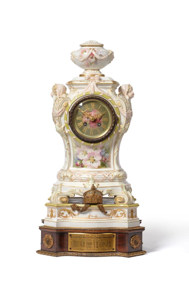 An Unusual German Porcelain Striking Mantel Clock of Yacht Racing Interest, circa 1904, surmounted