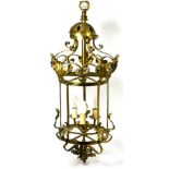 An Edwardian Brass Hall Lantern, with leaf and scroll decoration, 77cm high, fitted for