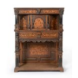 An Oak, Marquetry Inlaid, Parquetry Decorated and Ebonised Court Cupboard, the superstructure