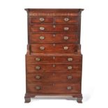 A George III Mahogany Chest on Chest, late 18th century, the moulded cornice above a strung frieze