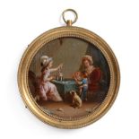 French School (18th century): Miniature Interior Scene, with mothers and children making a playing