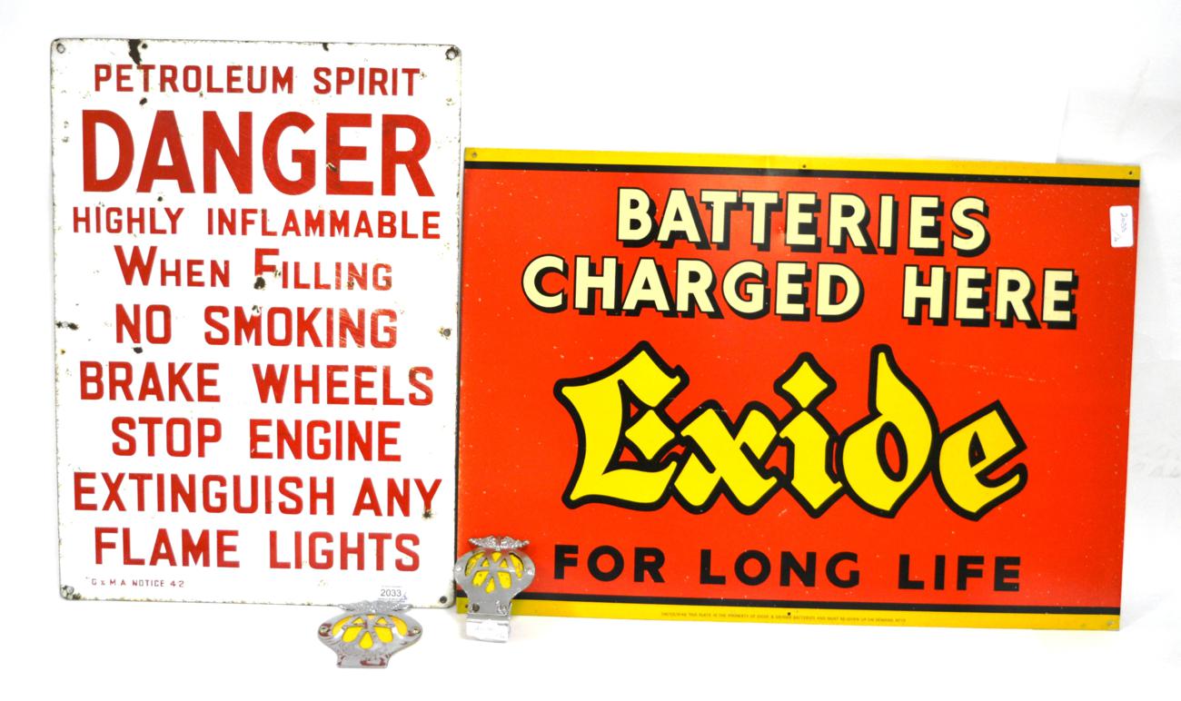 A Vintage Enamel Car Sign ''Petroleum Spirit Danger'', stamped G and MA Notice 42, 53cm by 38cm;