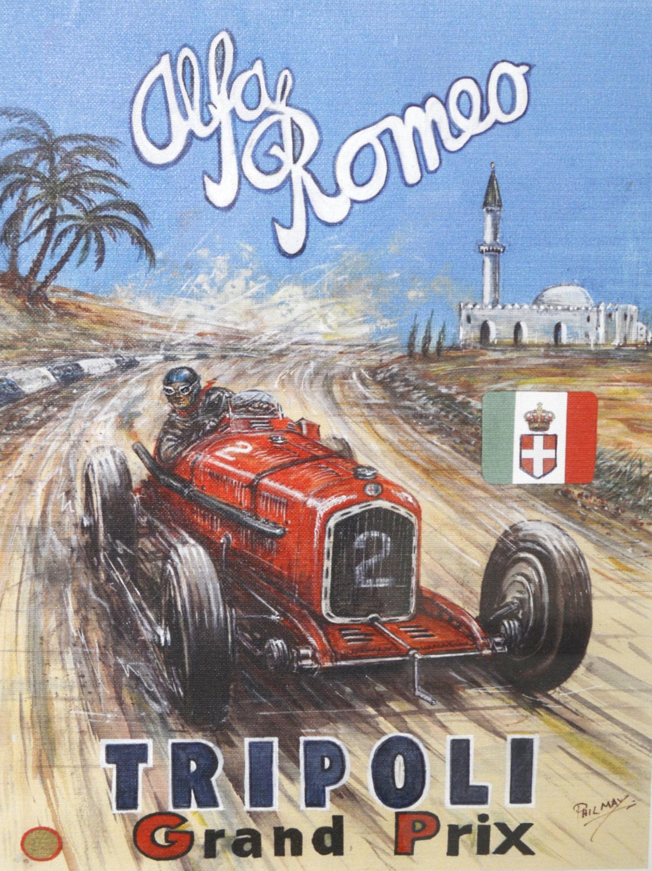 After Phil May (20th century contemporary) ''1934 Alfa Romeo Tripoli Grand Prix'' Poster, giclee