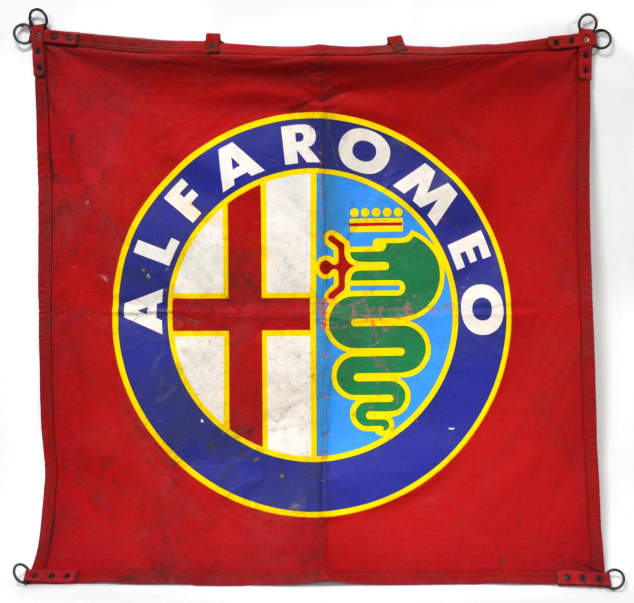 An Alfa Romeo Double-Sided Advertising Banner, of square form, the corners and top fitted with metal