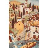 Lill Tschudi (1911-2004) Swiss ''Morcote, Swiss Village'', 1948 Inscribed in pencil, linocut printed