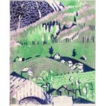 Edith Lawrence (1890-1973) Houses on a Hillside Linocut printed in colours, 30.5cm by 25cm Very