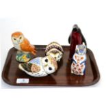 Three Royal Crown Derby paperweights ''Hedgehog'', ''Owl'', ''Beaver'', Beswick owl and a Royal