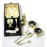 A pair of silver cauldron salts, a silver pepperette, an egg cup and spoon set, etc 7.3ozt