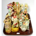 Two trays of 19th century ceramic figures and models including Goebel swan, Continental spill vases,