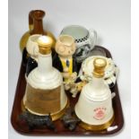 Two trays of advertising ware including Black & White Scotch Whisky ashtray, water jugs, bell form