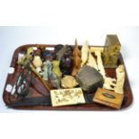 A tray of 1920s ivory carvings, an Australian shell cameo decorated with a kangaroo, Japanese card