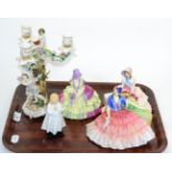 Three Royal Doulton ladies: Fiona, Chloe and Day Dreams, together with a bedtime figure and a German
