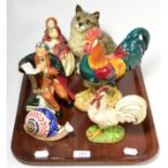 Two Royal Doulton figures; The Professor and Her Ladyship, Beswick Leghorn, Beswick cat, Royal Crown