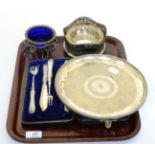 A plated bottle coaster, silver pierced dishes and a plated tray 1.8ozt silver