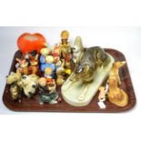 Two trays of pottery models including a quantity of Sylvac, two Royal Dux dog models, Goebel