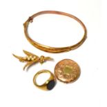 A 9ct gold bangle, locket and pearl set brooch, together with a gent's 9ct gold signet ring 21.2g