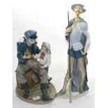 Two Lladro figures: ''Quixote on Guard'' and ''A Tall Yarn'' Both appear in good condition