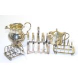 Two silver toast racks, one plated toast rack, cream jug together with a mustard pot with spoon