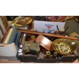 A box of miscellaneous including a set of scales, French clock, tea caddy etc