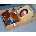 Two boxes of equestrian related items including hats, boots, gloves etc