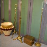 Three brass standard lamps including corinthian column example and a copper log box (4)